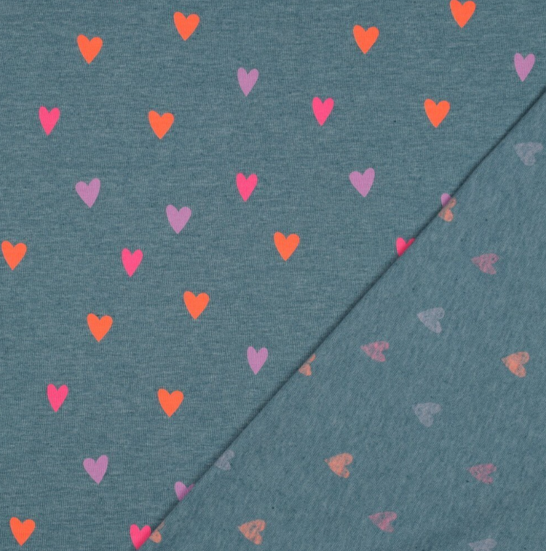 Tricot blauw met gekleurde hartjes